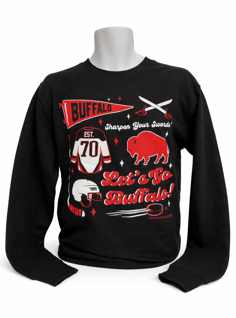 Buffalo Hockey Pennant Collage (BLACK) Adult Unisex CREWNECK